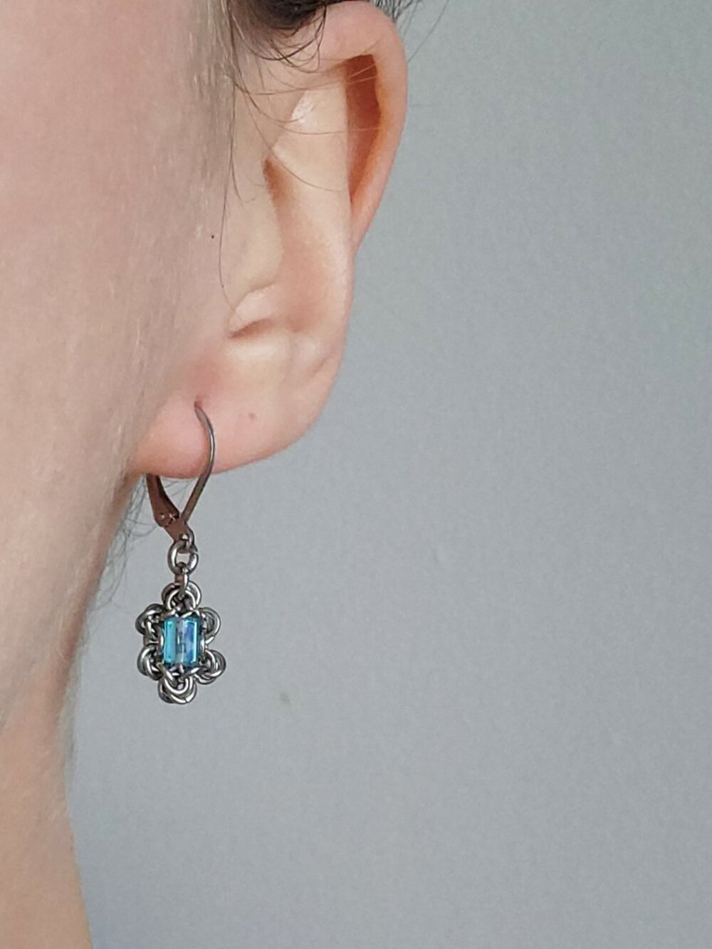 Silver and aqua blue lever back dangly earrings - Picture 7 of 8